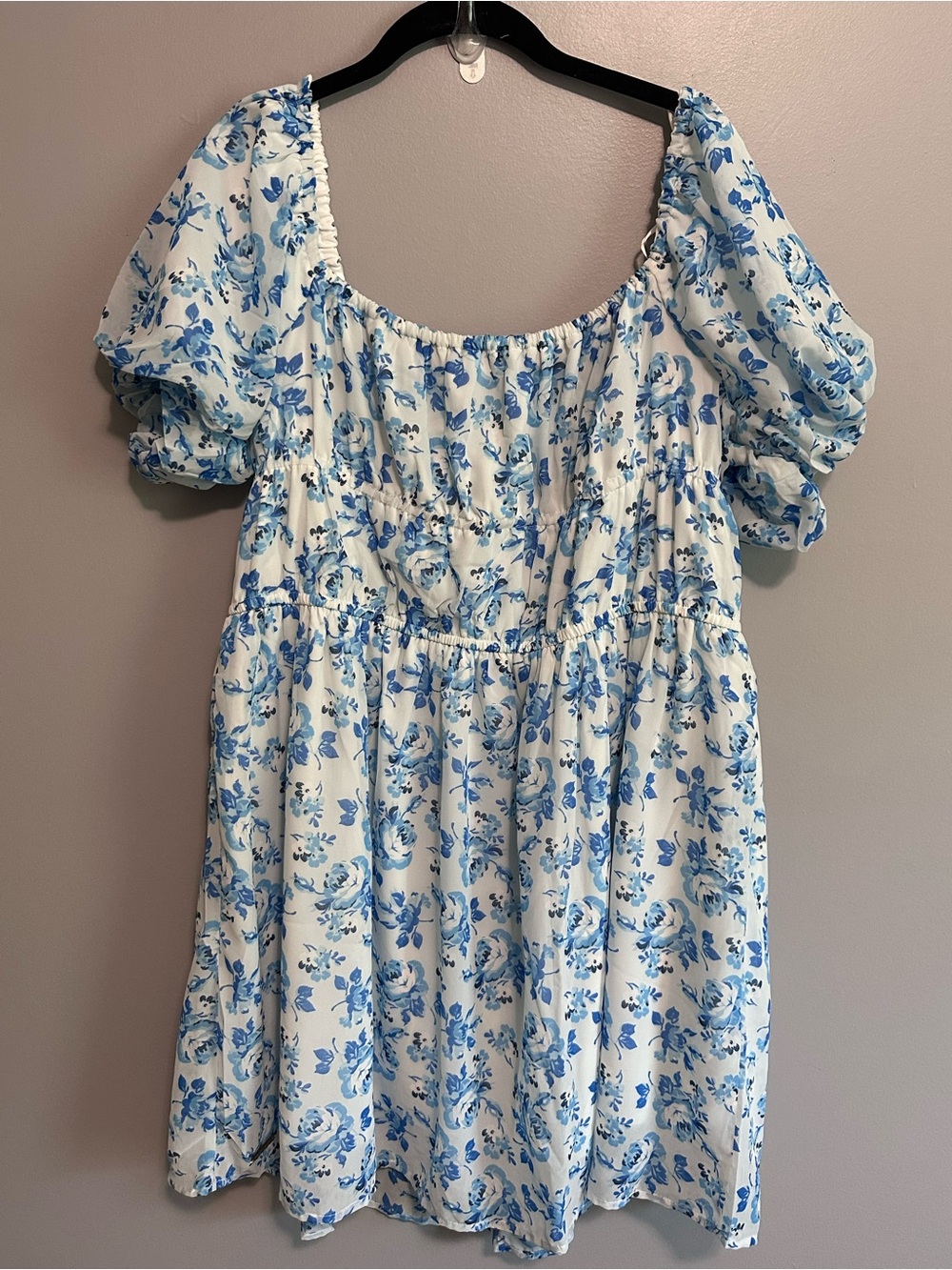 Simply Southern Large Blue White Floral Babydoll Dress Puff Sleeve Cottagecore